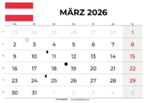 Monat März Kalender 2026 Österreich