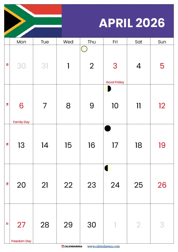 2026 April Calendar South Africa