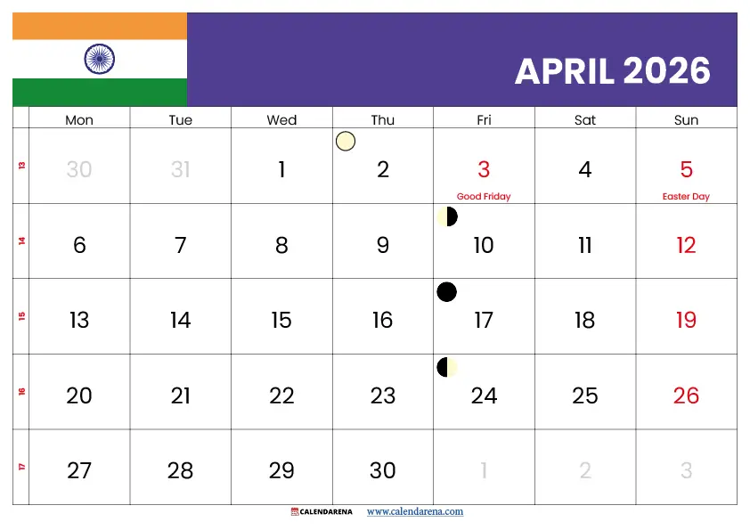 2026 April Calendar India