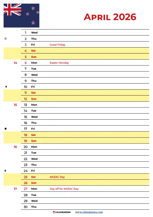 2026 April Calendar Nz