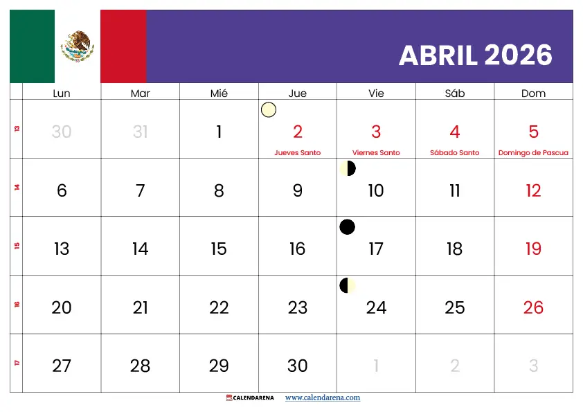 Abril 2026 Calendario Mexico