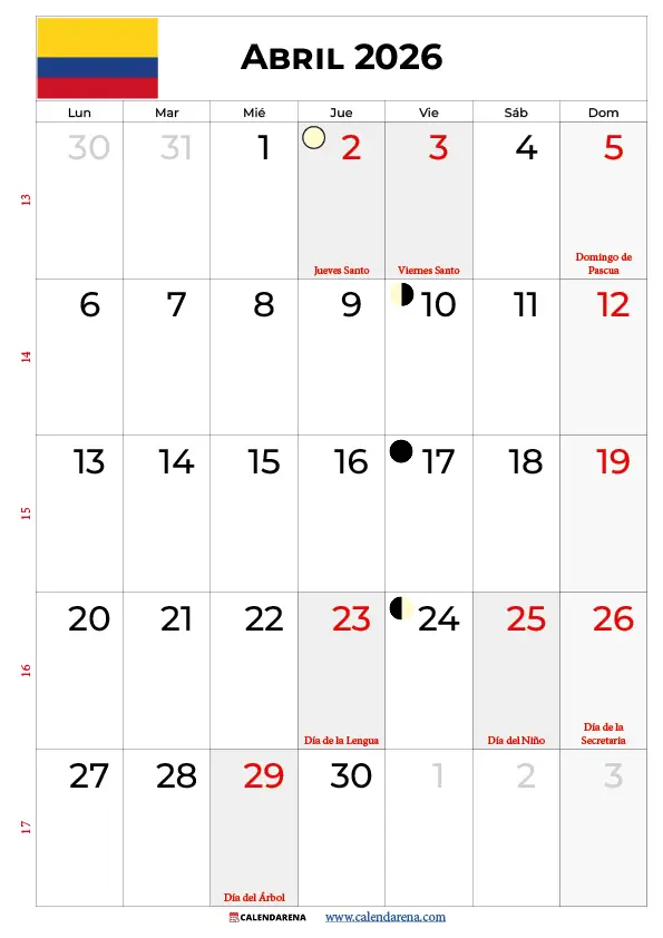 Abril Calendario 2026 Colombia