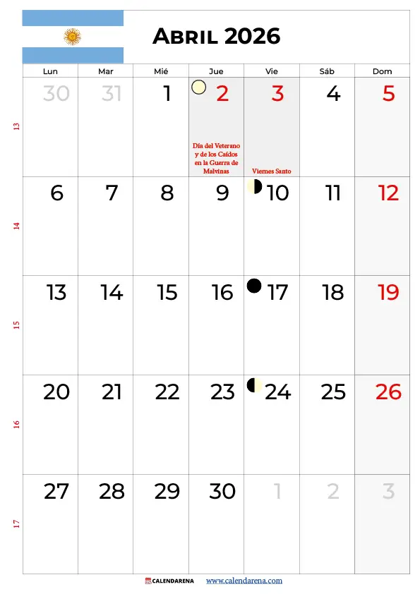 Almanaque Abril 2026 Argentina