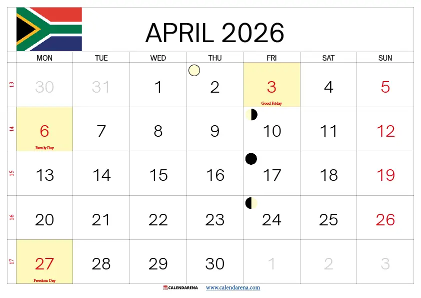 April 2026 Calendar South Africa