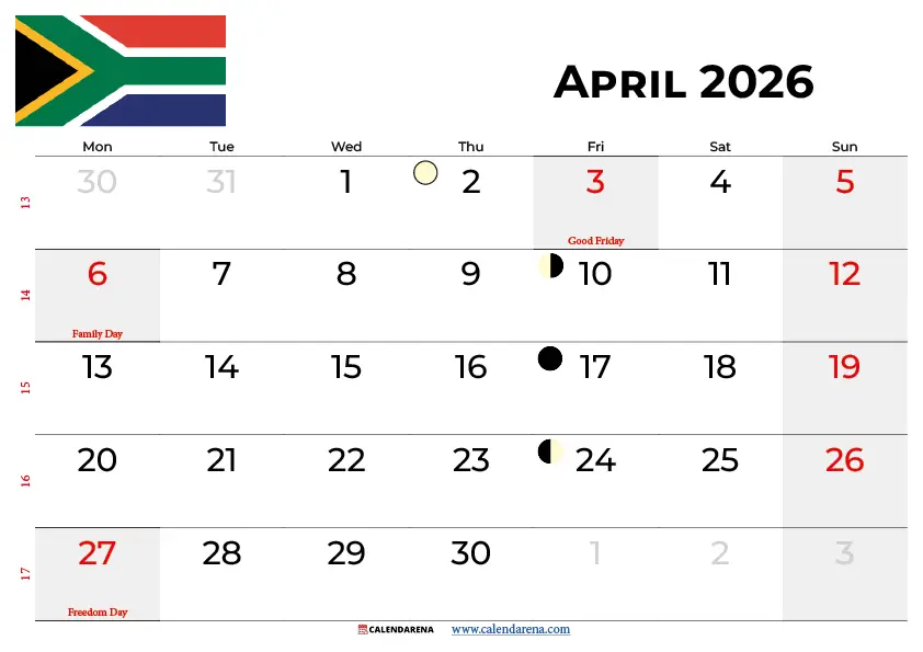 April 2026 Calendar With Holidays South Africa