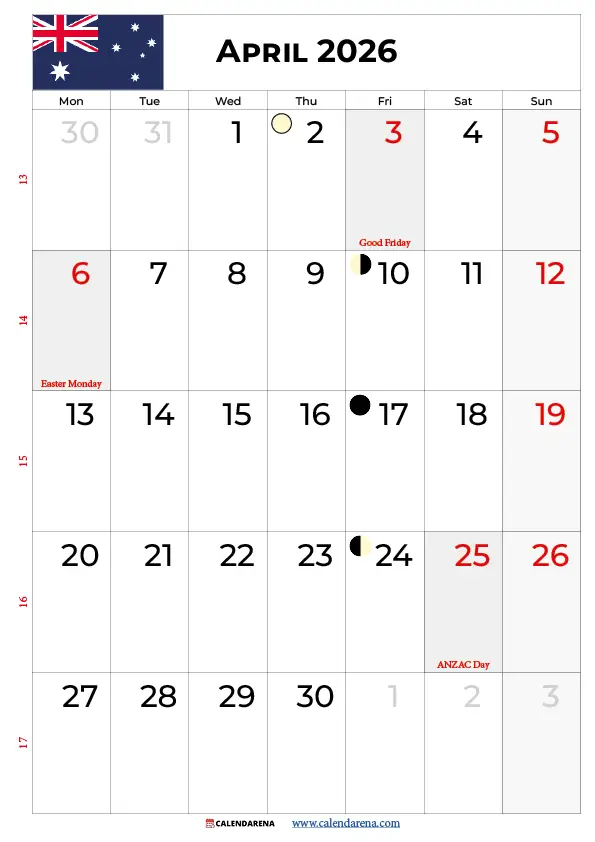 April 2026 Calendar Australia