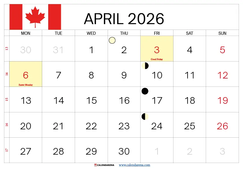 April 2026 Calendar Canada