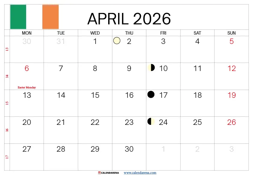 April 2026 Calendar Ireland