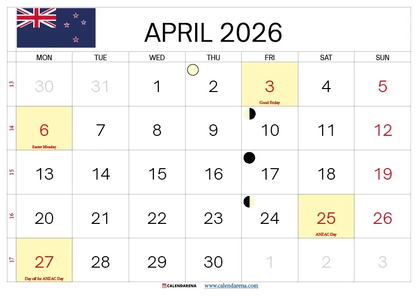 April 2026 Calendar Nz