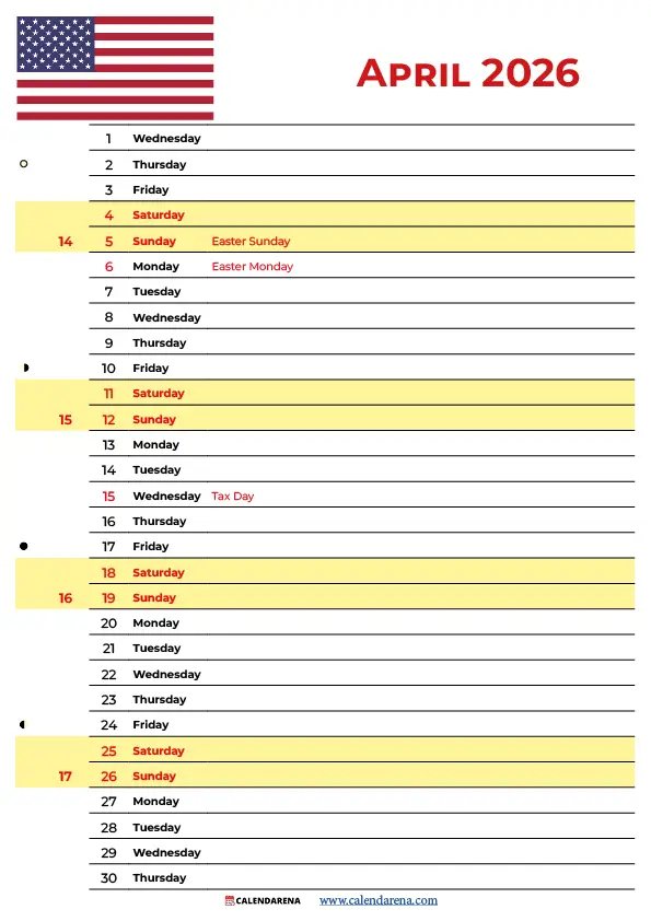 April 2026 Calendar United States