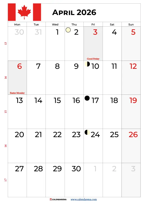 April 2026 Calendar With Canadian Holidays