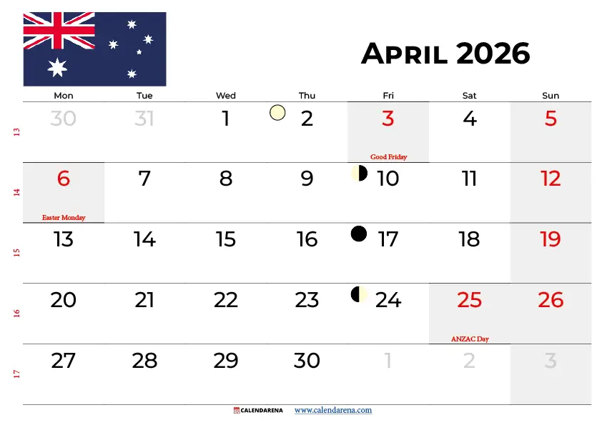 April 2026 Calendar With Holidays Australia