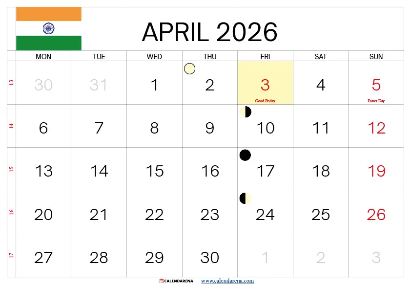 April 2026 Calendar With Holidays India