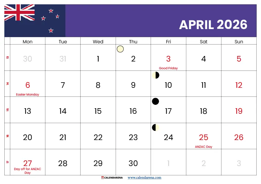 April 2026 Calendar With Holidays Nz