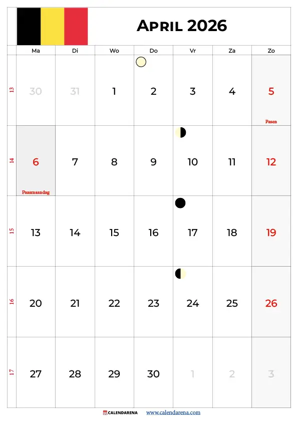 April 2026 Kalender Belgie