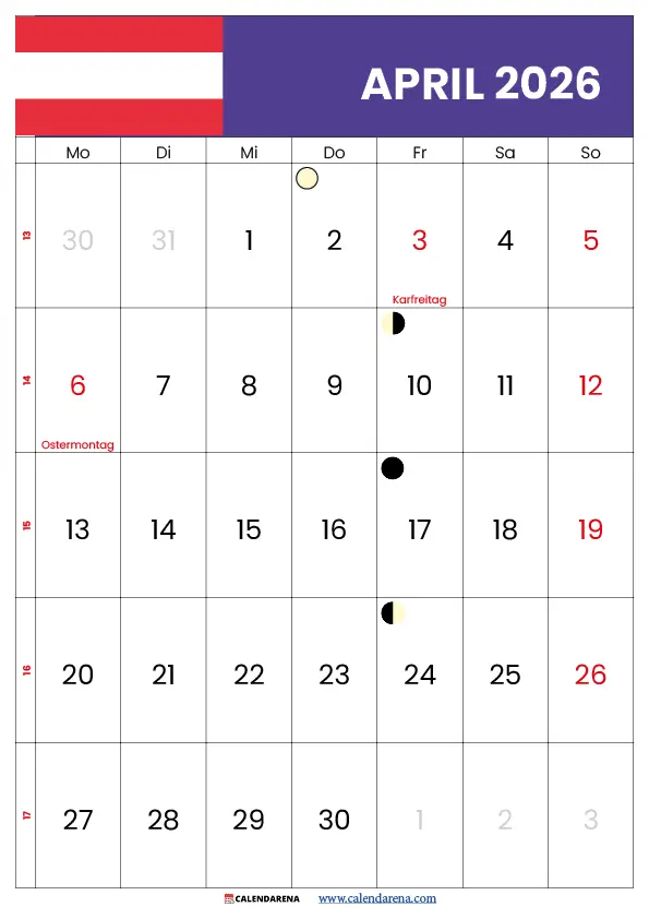 April 2026 Kalender Österreich