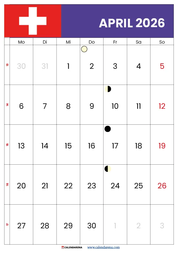 April 2026 Kalender Schweiz