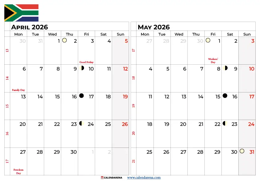 April And May 2026 Calendar With Holidays South Africa