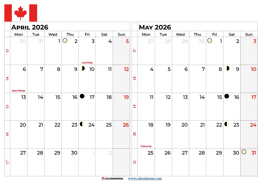 April And May 2026 Calendar Canada