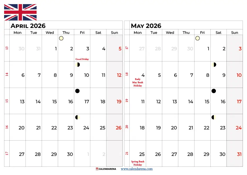 April And May 2026 Calendar Uk
