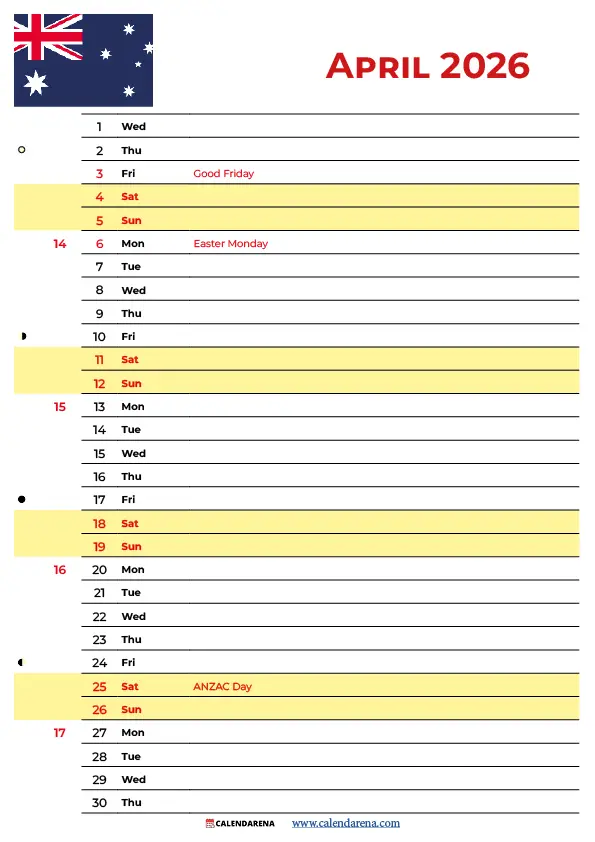 April Calendar 2026 Australia