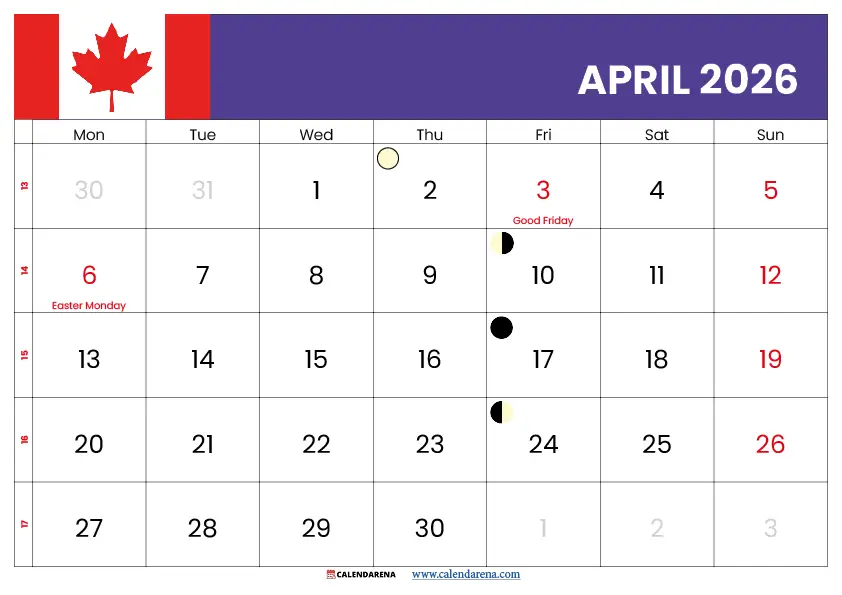April Calendar 2026 Canada