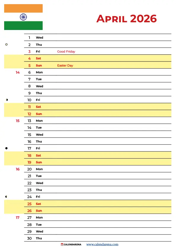 April Calendar 2026 India