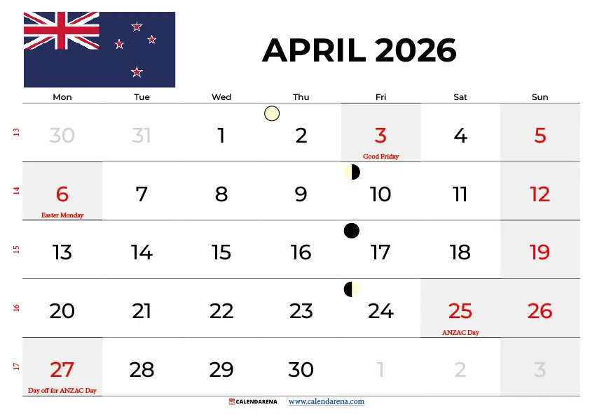 April Calendar 2026 Nz