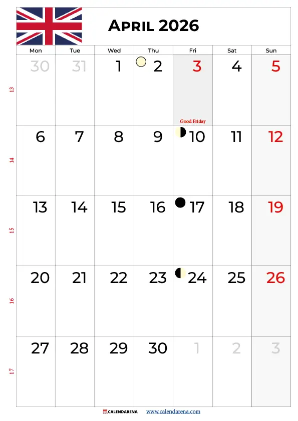 April Calendar 2026 Uk