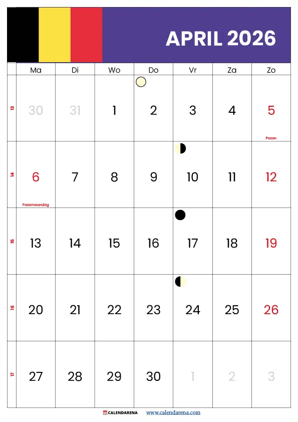 April Kalender 2026 Belgie