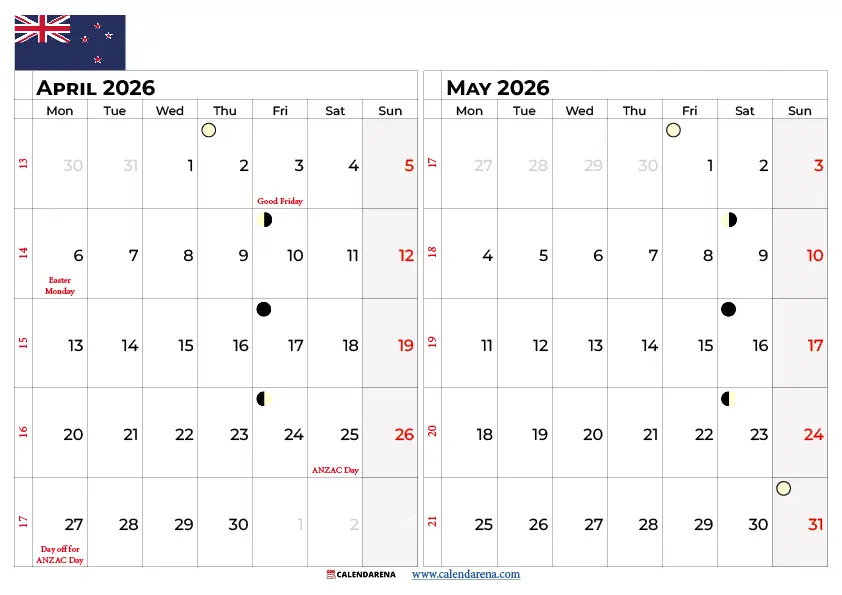 April May 2026 Calendar Nz