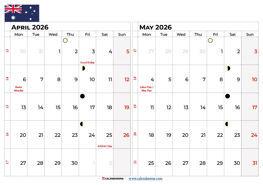 April May 2026 Calendar With Holidays Australia