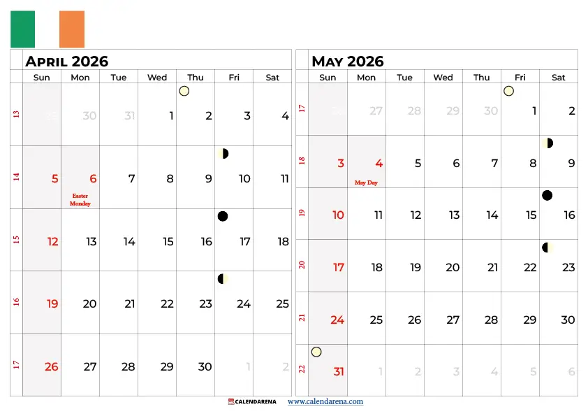 April May 2026 Calendar With Holidays Ireland
