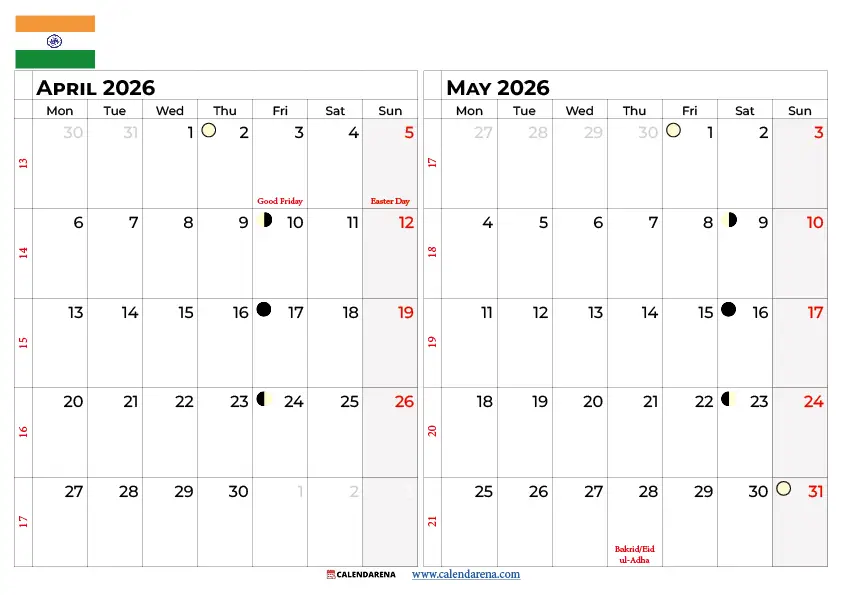 April May 2026 Calendar With Holidays india