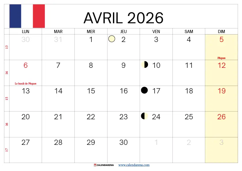 Avril 2026 Calendrier