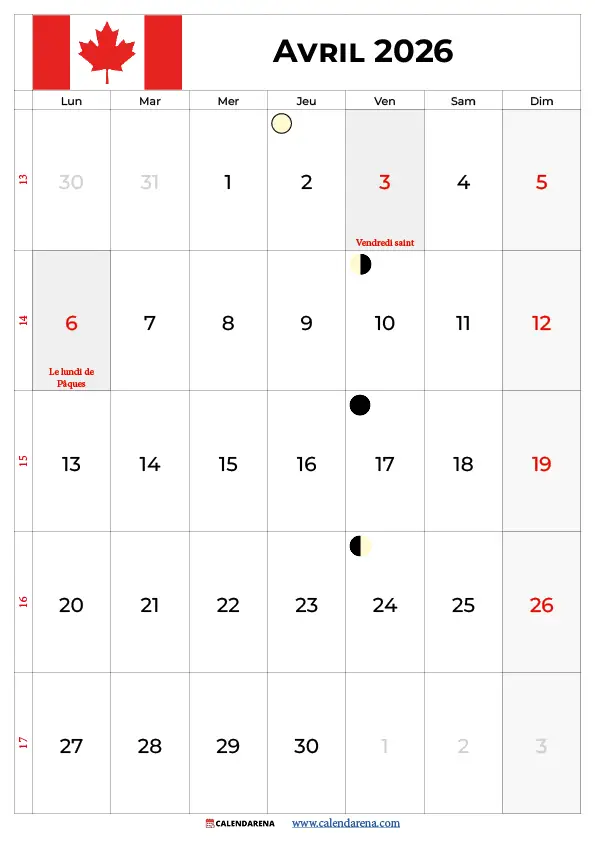 Avril Calendrier 2026 Québec