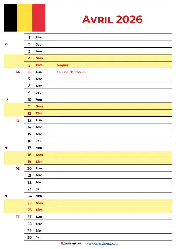 Avril Mois 2026 Belgique