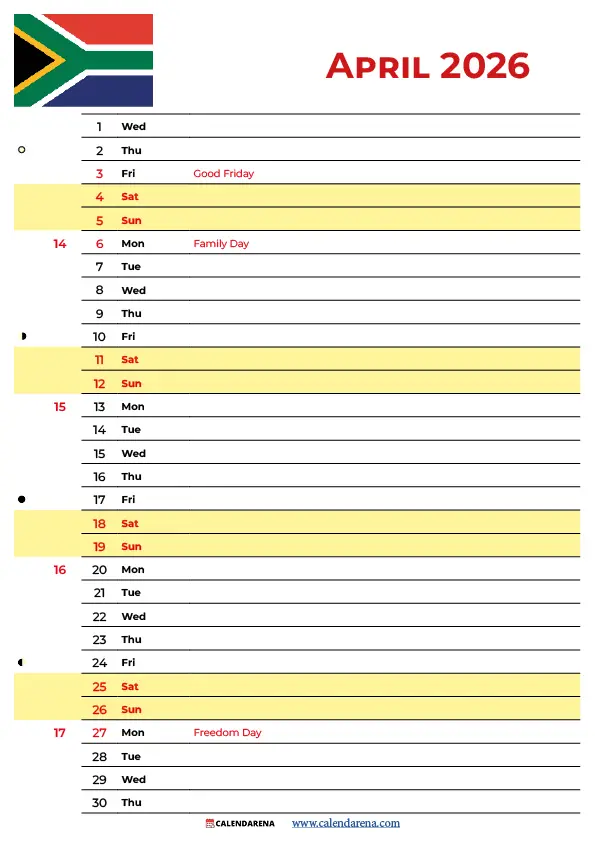 Calendar 2026 April South Africa