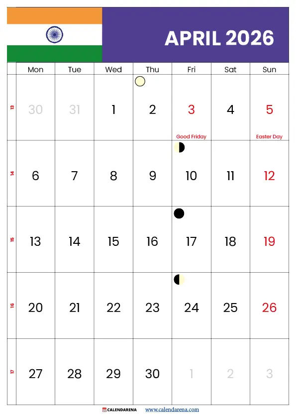 Calendar 2026 April Month India