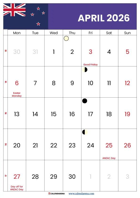 Calendar 2026 April Nz