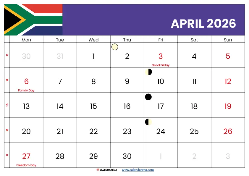 Calendar April 2026 With Holidays South Africa