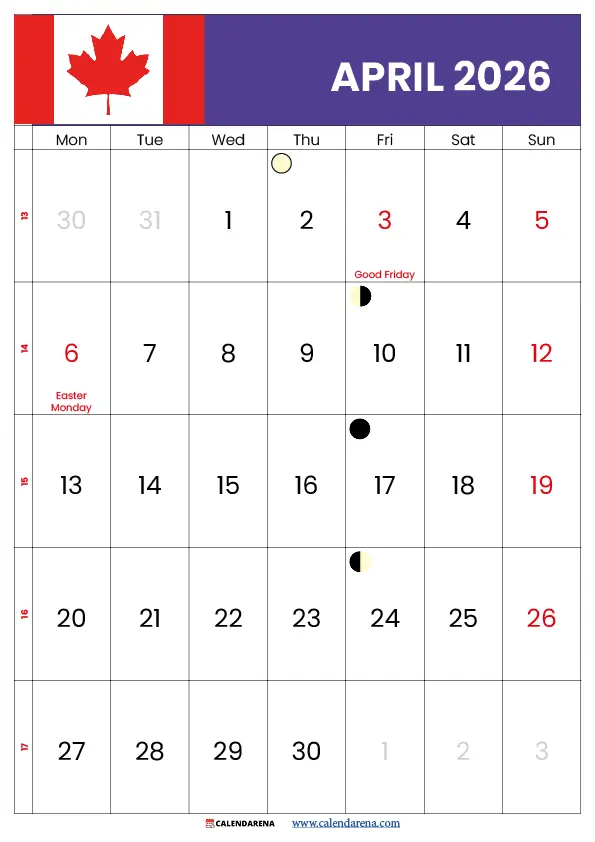 Calendar April 2026 Canada