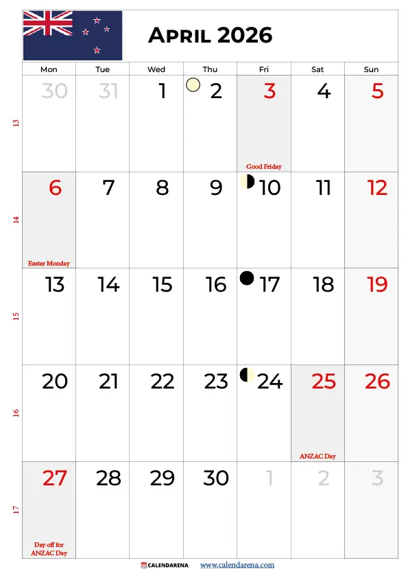 Calendar April 2026 Nz