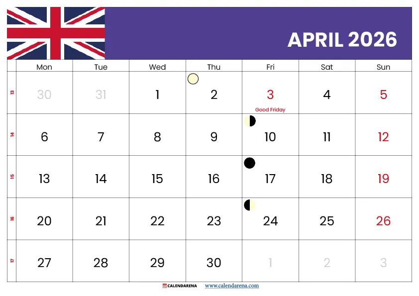 Calendar April 2026 Uk