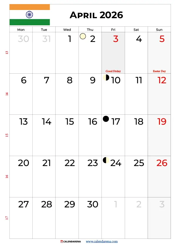 Calendar April 2026 With Holidays India