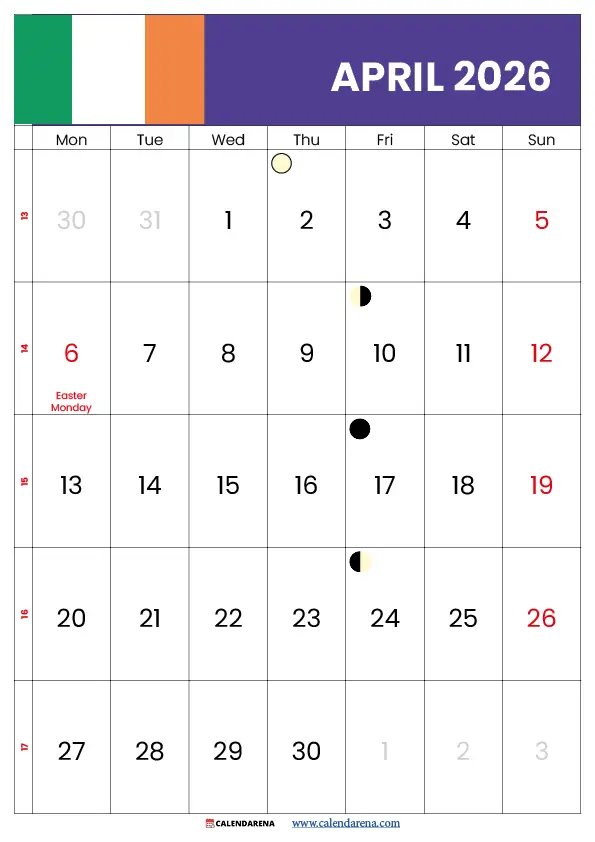 Calendar April 2026 With Holidays Ireland
