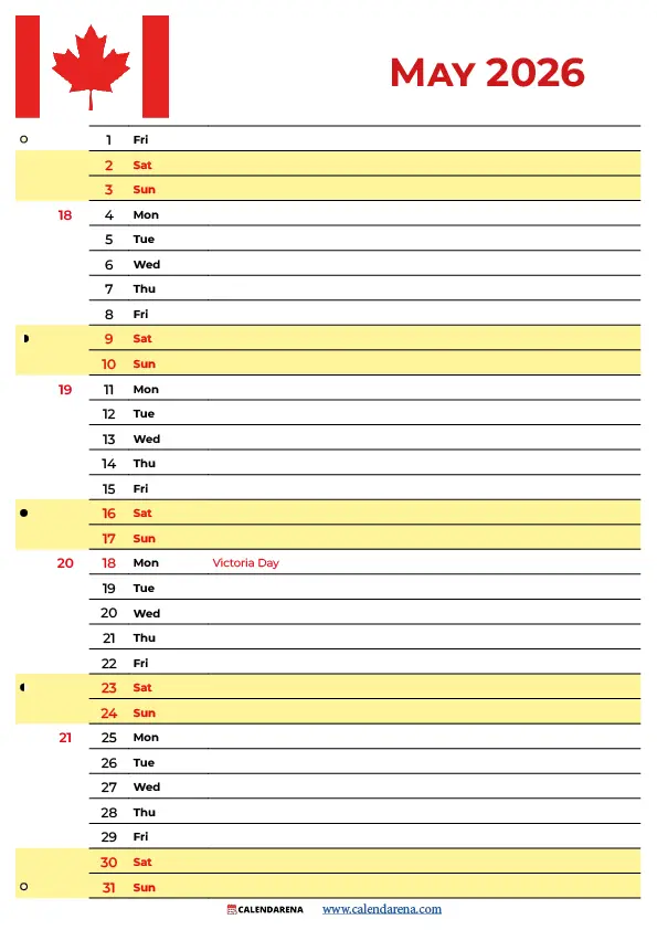 Calendar May 2026 Canada