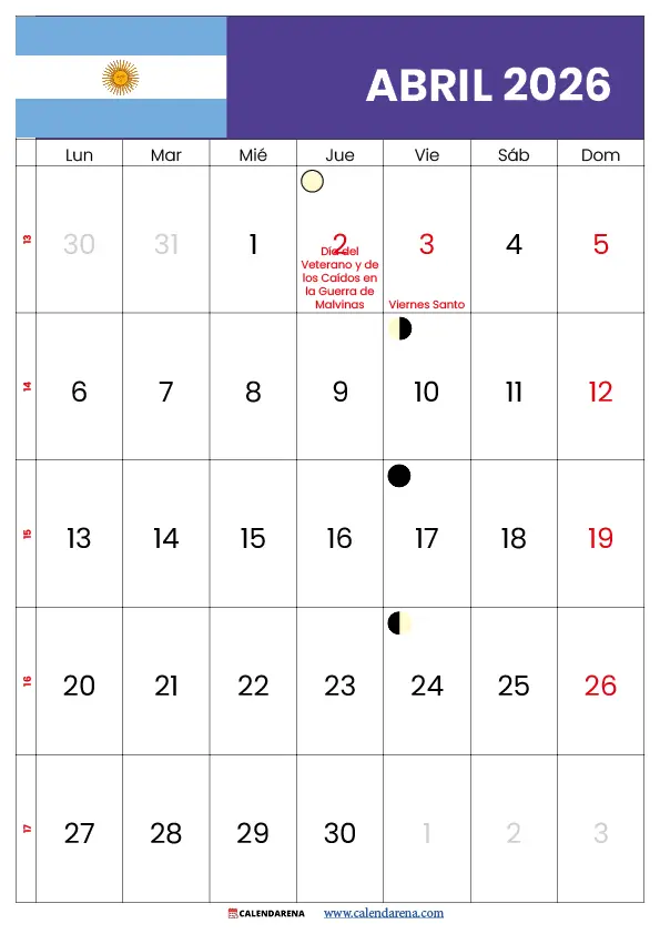 Calendario 2026 Abril Argentina