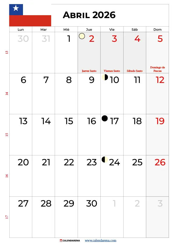 Calendario 2026 Abril Chile