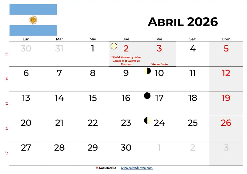 Calendario Abril 2026 Argentina